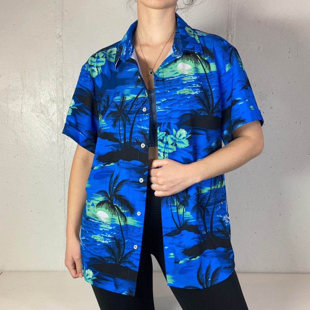 Bright Blue + Green Button Down Hawaiian Aloha Shirt